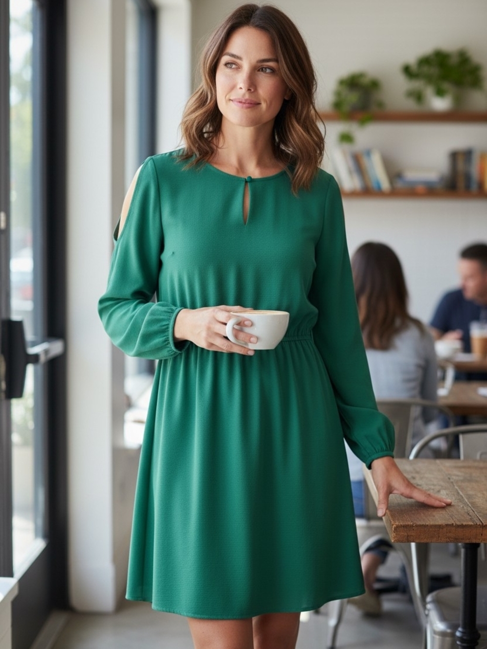 LOFT Green Long-Sleeve Keyhole Waist Dress